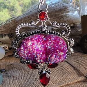 Pink Druzy Pendant Sterling Silver, Handmade Garnet Gemstone Necklace